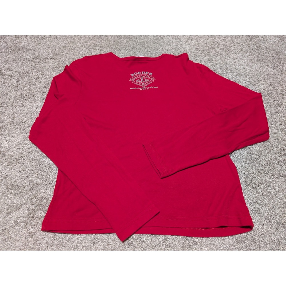 Harley-Davidson Shirt Womens L Red Long Sleeve Rhinestone Logo Roeder Ohio Biker - Picture 7 of 8